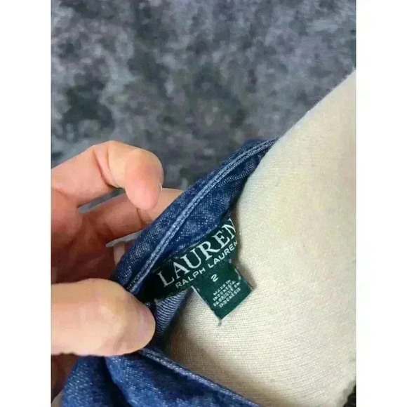 Vtg Lauren Ralph Lauren Denim Shift Dress Pockets Lace Up Front Short Sleeve 2 - Picture 9 of 13